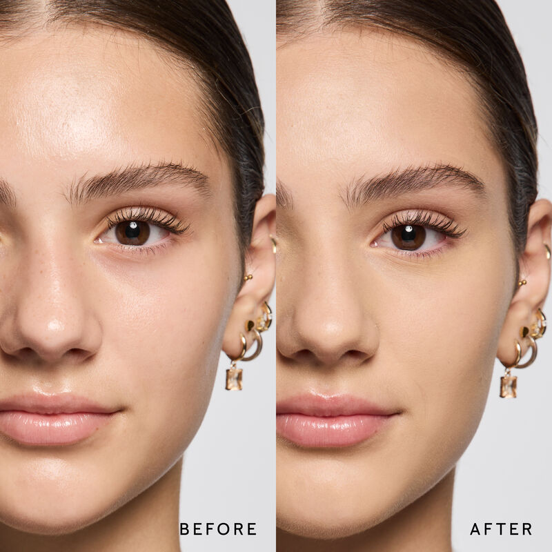 Model before and after showing TimeWise 3D Foundation Matte finish payoff in shade Light 6