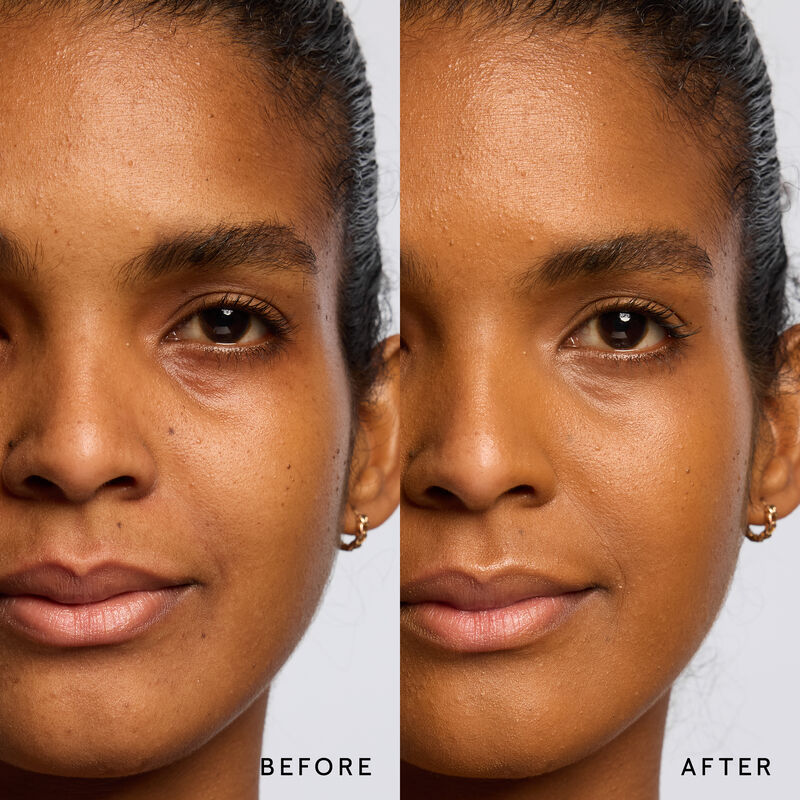 Model before and after showing TimeWise 3D Foundation Luminous finish payoff in shade Deep 7