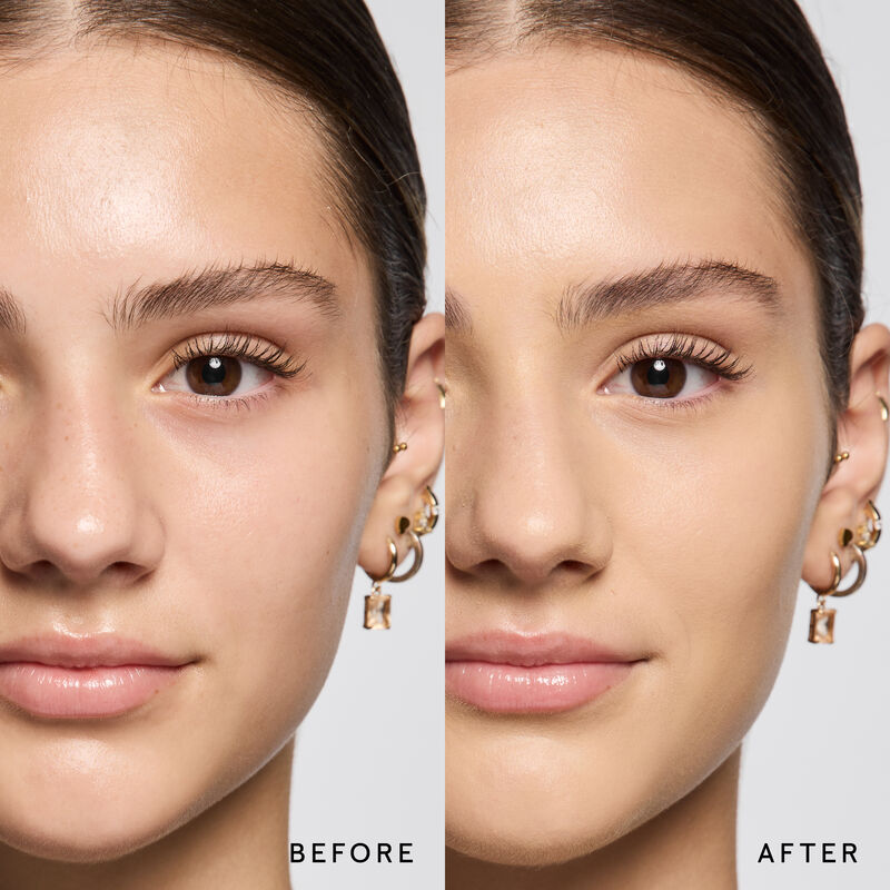 Model before and after showing TimeWise 3D Foundation Luminous finish payoff in shade Light 6