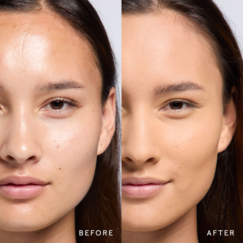 Model before and after showing TimeWise 3D Foundation Matte finish payoff in shade Medium 7