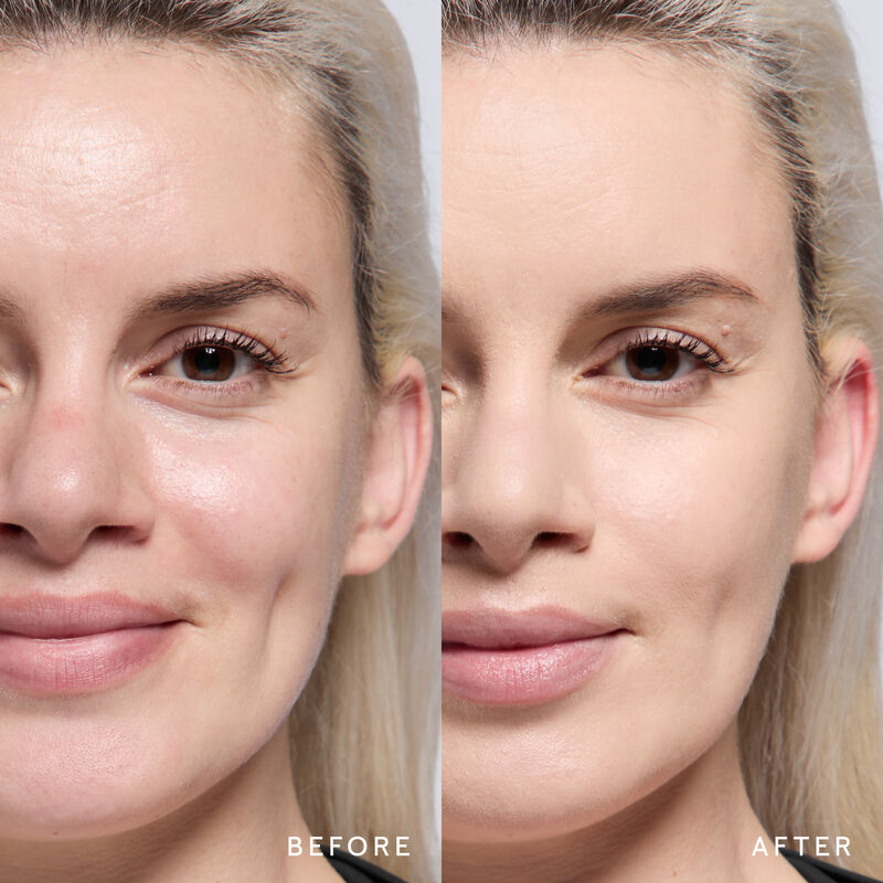 Model before and after showing TimeWise 3D Foundation Matte finish payoff in shade Light 2