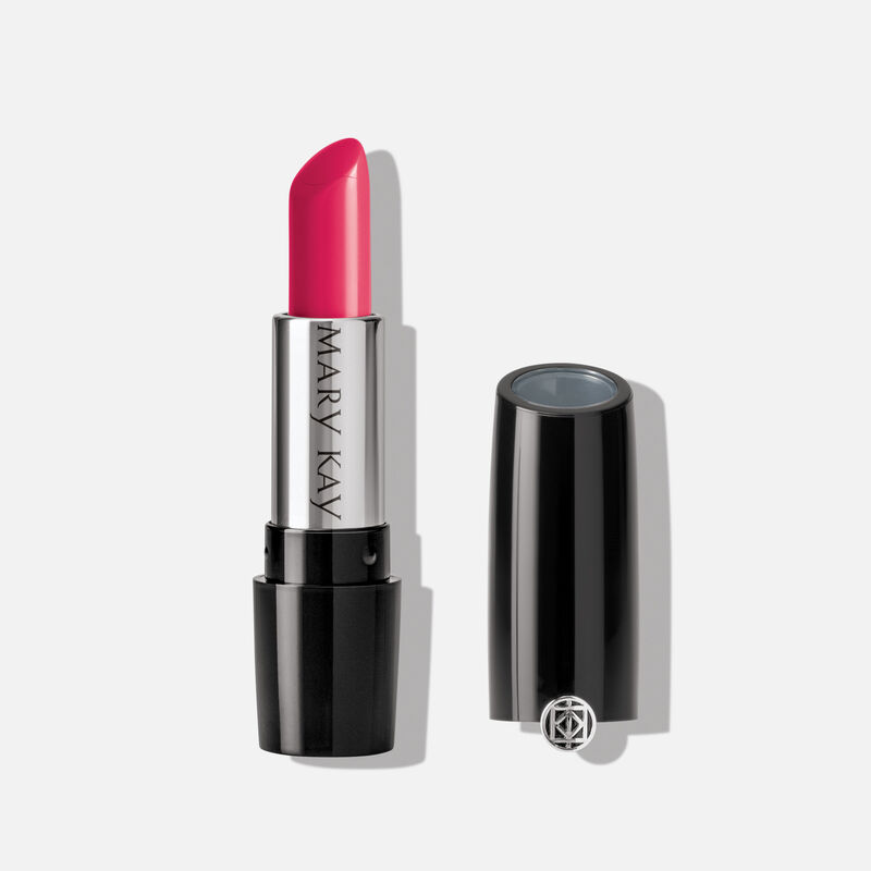 A tube of Mary Kay Gel Semi-Matte Lipstick in the shade Powerful Pink.