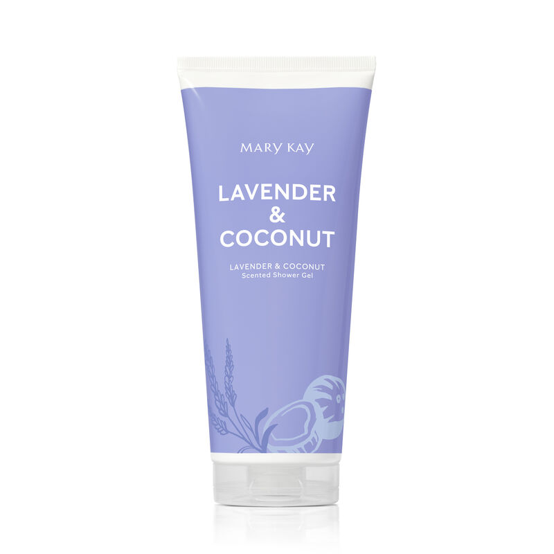 Bottle of limited-edition Lavender & Coconut Mary Kay Shower Gel standing against a plain background