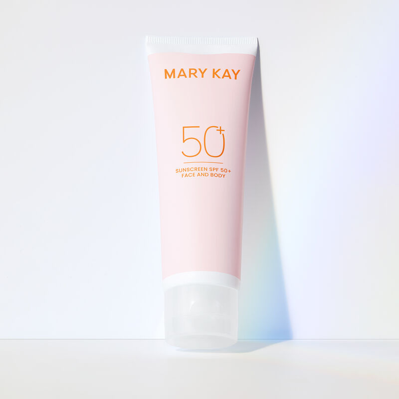 Bottle of Mary Kay&reg; Sunscreen SPF 50+ standing on its cap 