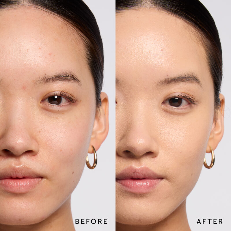 Model before and after showing TimeWise 3D Foundation Luminous finish payoff in shade Light 3