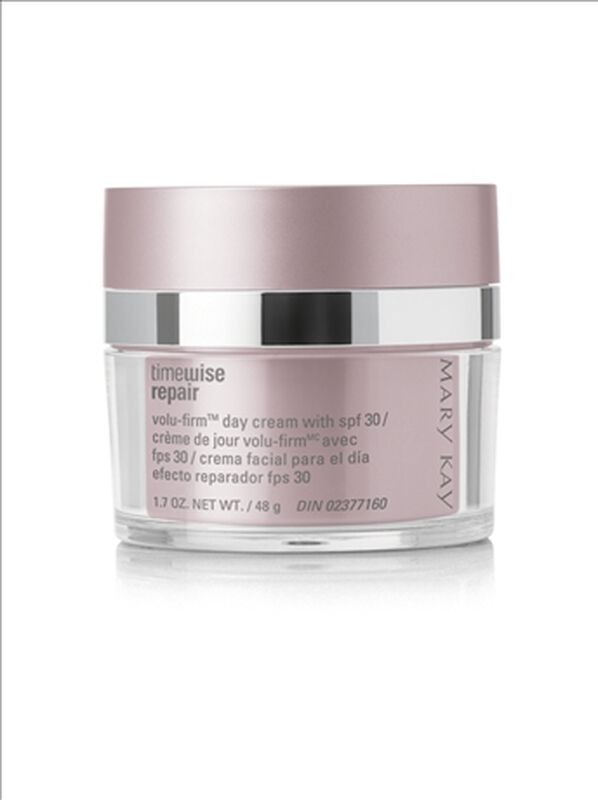 A jar of Mary Kay TimeWise Repair VoluFirm Day Cream With SPF 30 against a white background