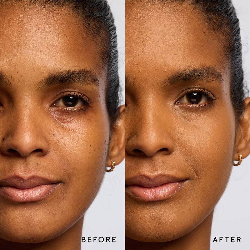 Model before and after showing TimeWise 3D Foundation Matte finish payoff in shade Deep 7